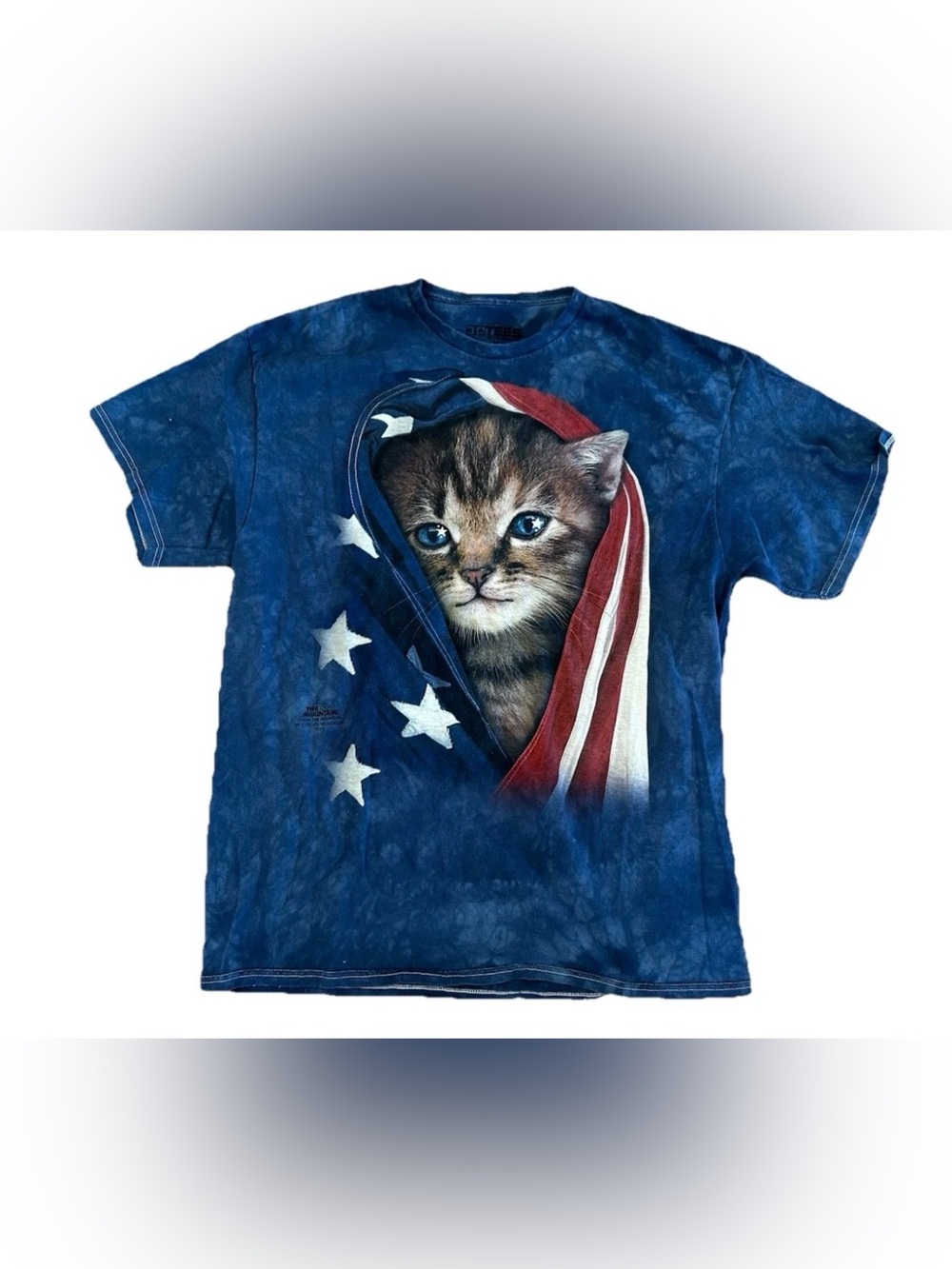 The Mountain Kitten American Flag Graphic T-Shirt Blue Tie Dye XL USA Cat Tee